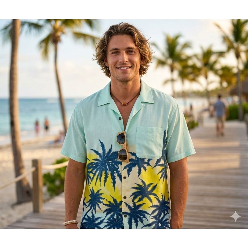 Island Inspired Resortwear Men’s 2XL Tropical Button Shirt Palm Tree Sunset Top